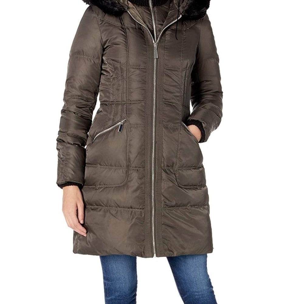 Women's Brown Puffer Coat with Fur Hood